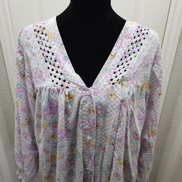 Vtg Lady Camille Bathrobe L/XL Floral Lace Trim Lightweight 1980s Sleepwear - Picture 3 of 6